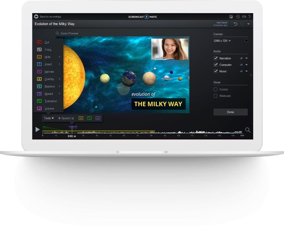 Product shot of Screencast-O-Matic's intuitive video editor.