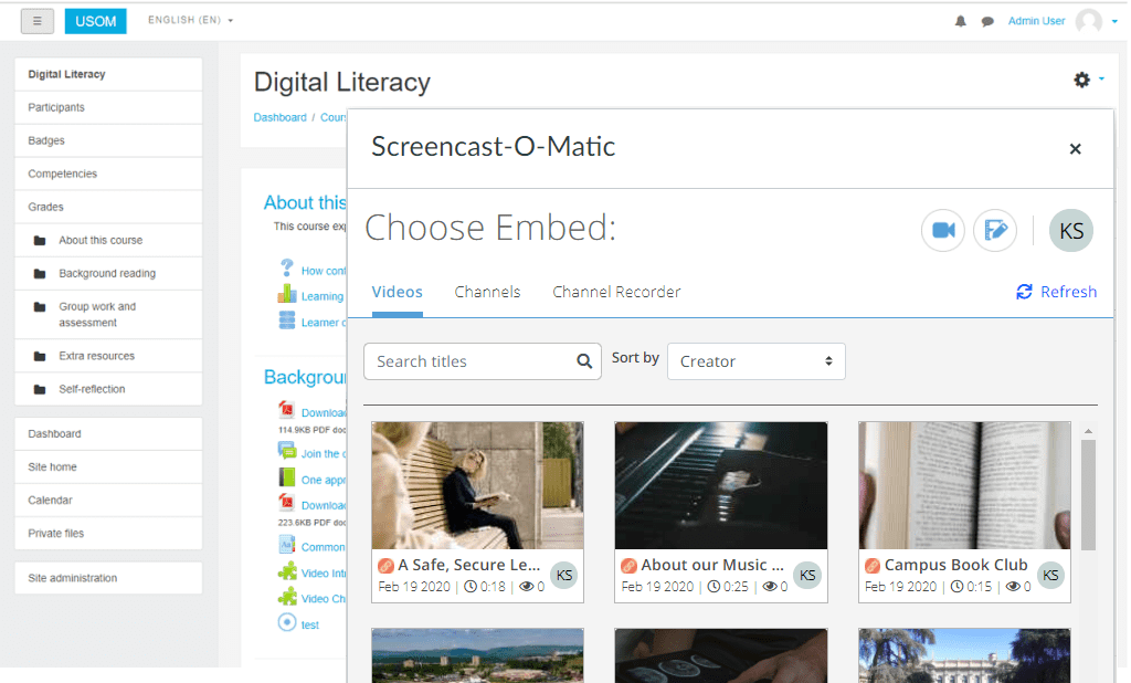 View your uploaded videos inside Moodle and select one to embed